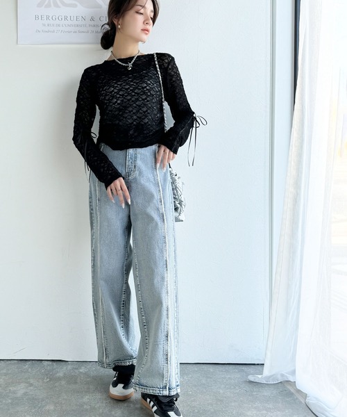 mily bilet（ミウィビレット）の「【mily bilet】甘さと品を一枚に。視線集まるシアージャガード総レースサイドサテンリボントップス（長袖）（Tシャツ/カットソー・レディース・ブラック/ホワイト/ライトグレー/ベージュ・MEDIUM/LARGE/X-LARGE/SMALL）」の20枚目の写真