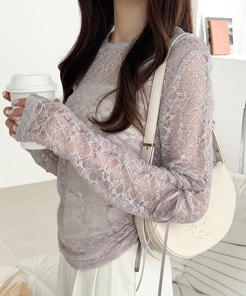 mily bilet（ミウィビレット）の「【mily bilet】甘さと品を一枚に。視線集まるシアージャガード総レースサイドサテンリボントップス（長袖）（Tシャツ/カットソー・レディース・ブラック/ホワイト/ライトグレー/ベージュ・MEDIUM/LARGE/X-LARGE/SMALL）」の7枚目の写真