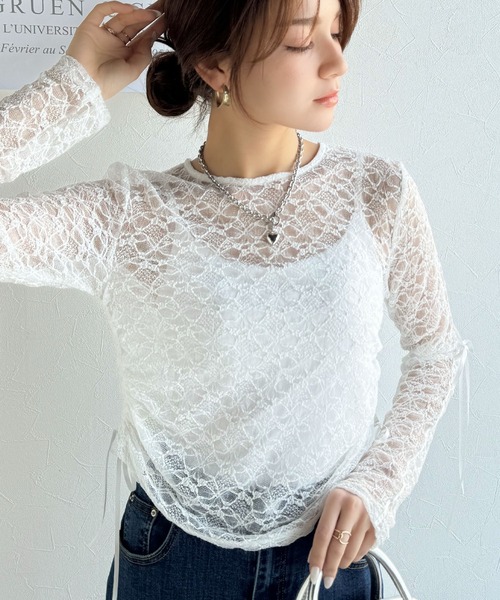 mily bilet（ミウィビレット）の「【mily bilet】甘さと品を一枚に。視線集まるシアージャガード総レースサイドサテンリボントップス（長袖）（Tシャツ/カットソー・レディース・ブラック/ホワイト/ライトグレー/ベージュ・MEDIUM/LARGE/X-LARGE/SMALL）」の10枚目の写真