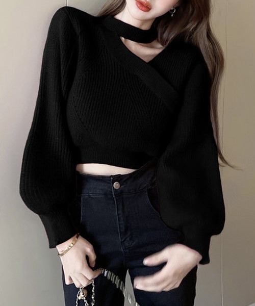 Lace Ladies(レースレディース)の「アシンメトリー カシュクール風 コンパクト ニット プルオーバー(ニット/セーター・レディース・ホワイト/ブラック・FREE)」の4枚目の写真