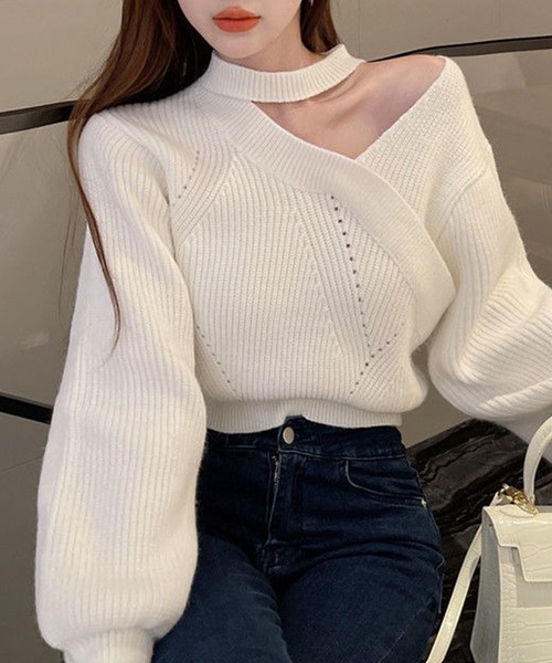 Lace Ladies(レースレディース)の「アシンメトリー カシュクール風 コンパクト ニット プルオーバー(ニット/セーター・レディース・ホワイト/ブラック・FREE)」の6枚目の写真