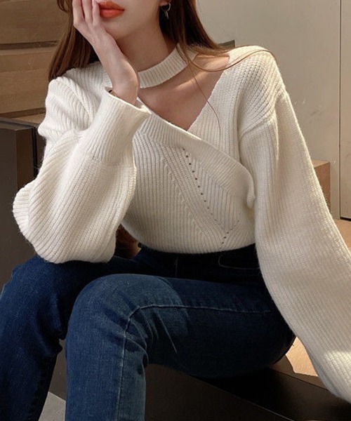 Lace Ladies(レースレディース)の「アシンメトリー カシュクール風 コンパクト ニット プルオーバー(ニット/セーター・レディース・ホワイト/ブラック・FREE)」の10枚目の写真
