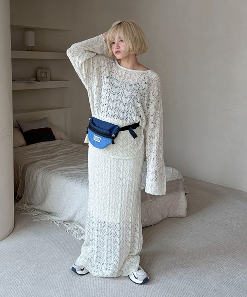 PILIT(ピリット)の「【セットアップ可】クロシェニットスカート(スカート・レディース・オフホワイト/ミント・MEDIUM)」の7枚目の写真