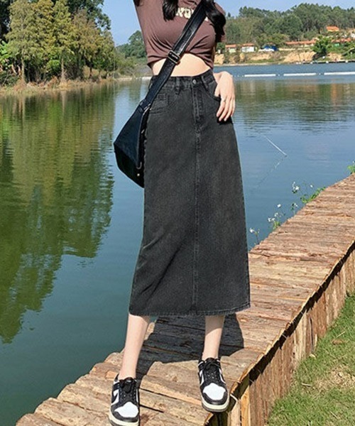 SEU(エスイーユー)の「レディース バックスリットハイウエストデニムスカート(デニムスカート・レディース・ライトブルー/チャコール/ブラック/ブルー・L/M)」の3枚目の写真