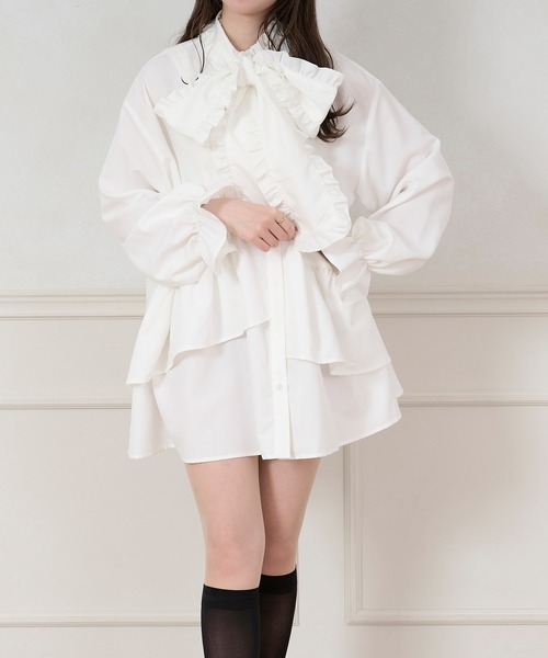 apres jour(アプレジュール)の「チュニックボウタイシャツワンピース【ZOZOTOWN限定アイテム】(シャツワンピース・レディース・オフホワイト/ブラック/ブルー系その他/ライトイエロー・X-LARGE/フリー)」の3枚目の写真