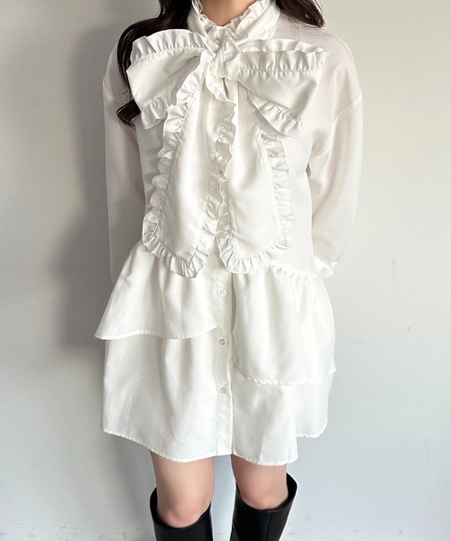 セール】チュニックボウタイシャツワンピース【ZOZOTOWN限定