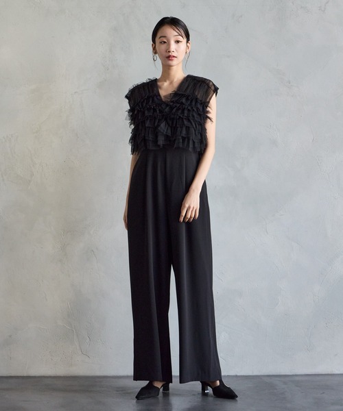 チュールフリルベスト キャミソールオールインワン セット　パーティードレス エメ WEB限定】チュールフリルベスト×キャミソールオールインワン