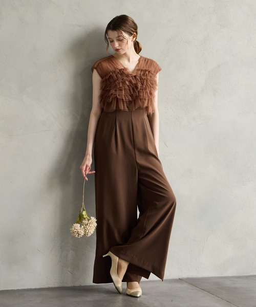 【美品】AIMERフリル付きブラウンカジュアルドレス WEB限定】チュールフリルベスト×キャミソールオールインワン