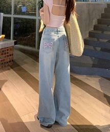 【RS】【Lilamusant(リラミュゾン)》 バックリボン刺繍ポケットワイドストレートデニムパンツ バレエコア Y2K 韓国ストリート