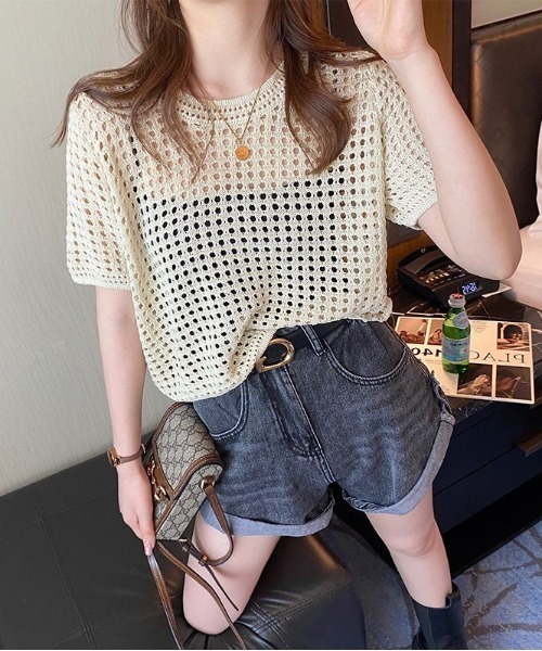 B'day(ビーデイ)の「【 B'day / ビーデー 】クロシェニットサマーニットトップス(Tシャツ/カットソー・レディース・ブラウン/オフホワイト/ブラック/ホワイト・FREE)」の6枚目の写真
