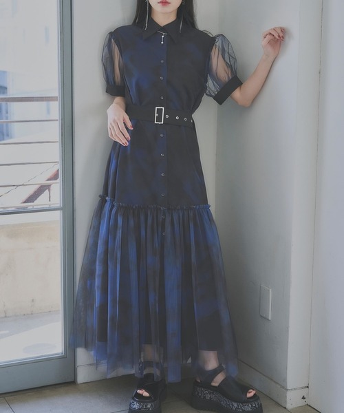 HARE ソデシアーチュールティアードワンピース ネイビー ロングワンピース HARE(ハレ)の「ソデシアーチュールティアードワンピース(HARE