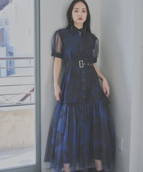 HARE ソデシアーチュールティアードワンピース ネイビー ロングワンピース HARE（ハレ）の「ソデシアーチュールティアードワンピース(HARE