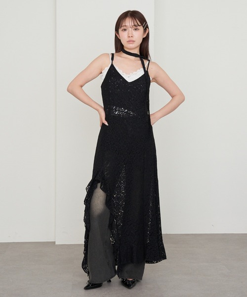 セール】【チェック/レース】裾フリルラウンドキャミワンピース