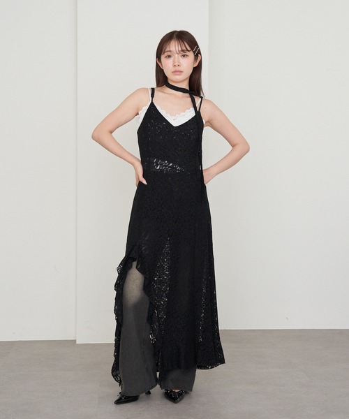 セール】【チェック/レース】裾フリルラウンドキャミワンピース