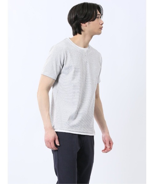 TAKA-Q（タカキュー）の「【ストレッチ 吸水速乾】タカキュー メランジポンチ キーネック 半袖 Tシャツ（Tシャツ/カットソー・メンズ・ライトグレー/ネイビー・MEDIUM/LARGE/X-LARGE）」の5枚目の写真