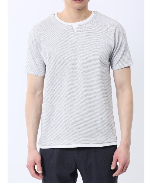 TAKA-Q（タカキュー）の「【ストレッチ 吸水速乾】タカキュー メランジポンチ キーネック 半袖 Tシャツ（Tシャツ/カットソー・メンズ・ライトグレー/ネイビー・MEDIUM/LARGE/X-LARGE）」の7枚目の写真
