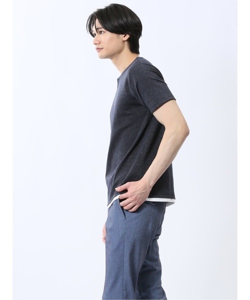 TAKA-Q（タカキュー）の「【ストレッチ 吸水速乾】タカキュー メランジポンチ キーネック 半袖 Tシャツ（Tシャツ/カットソー・メンズ・ライトグレー/ネイビー・MEDIUM/LARGE/X-LARGE）」の12枚目の写真