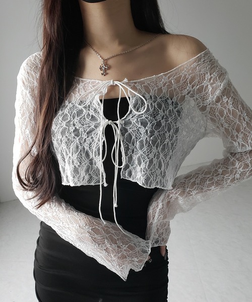 me+em select(~[ZNg)́y Qcolor z_uXgbv{V[g[XJ[fBK ^double strap ribbon short lace cardigan(J[fBK/{)