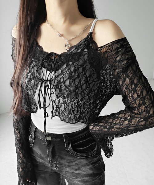 me+em select(ミームセレクト)の「【 2color 】ダブルストラップリボンショートレースカーディガン /double strap ribbon short lace cardigan(カーディガン/ボレロ・レディース・ブラック/ホワイト・FREE)」の2枚目の写真