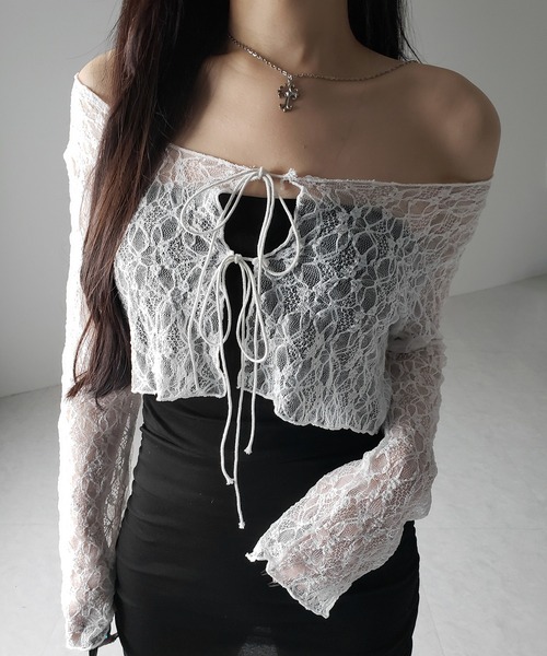 me+em select(ミームセレクト)の「【 2color 】ダブルストラップリボンショートレースカーディガン /double strap ribbon short lace cardigan(カーディガン/ボレロ・レディース・ブラック/ホワイト・FREE)」の7枚目の写真