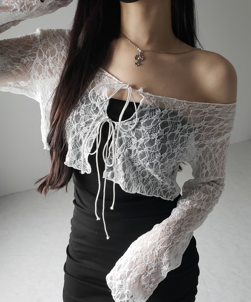 me+em select(ミームセレクト)の「【 2color 】ダブルストラップリボンショートレースカーディガン /double strap ribbon short lace cardigan(カーディガン/ボレロ・レディース・ブラック/ホワイト・FREE)」の10枚目の写真