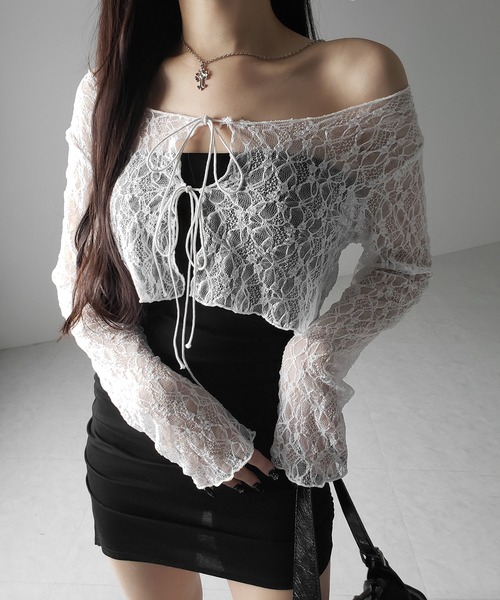 me+em select(ミームセレクト)の「【 2color 】ダブルストラップリボンショートレースカーディガン /double strap ribbon short lace cardigan(カーディガン/ボレロ・レディース・ブラック/ホワイト・FREE)」の11枚目の写真