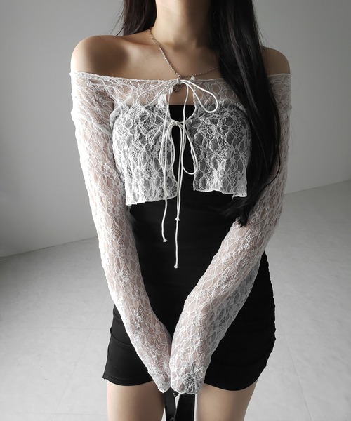 me+em select(ミームセレクト)の「【 2color 】ダブルストラップリボンショートレースカーディガン /double strap ribbon short lace cardigan(カーディガン/ボレロ・レディース・ブラック/ホワイト・FREE)」の12枚目の写真