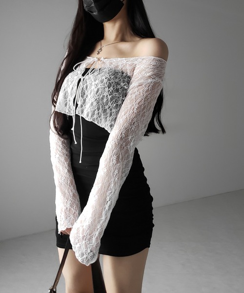 me+em select(ミームセレクト)の「【 2color 】ダブルストラップリボンショートレースカーディガン /double strap ribbon short lace cardigan(カーディガン/ボレロ・レディース・ブラック/ホワイト・FREE)」の13枚目の写真