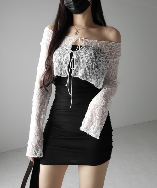 me+em select(ミームセレクト)の「【 2color 】ダブルストラップリボンショートレースカーディガン /double strap ribbon short lace cardigan(カーディガン/ボレロ・レディース・ブラック/ホワイト・FREE)」の14枚目の写真