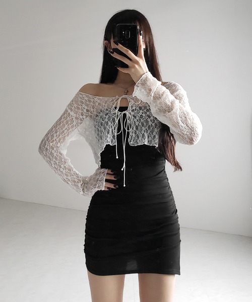 me+em select(ミームセレクト)の「【 2color 】ダブルストラップリボンショートレースカーディガン /double strap ribbon short lace cardigan(カーディガン/ボレロ・レディース・ブラック/ホワイト・FREE)」の17枚目の写真