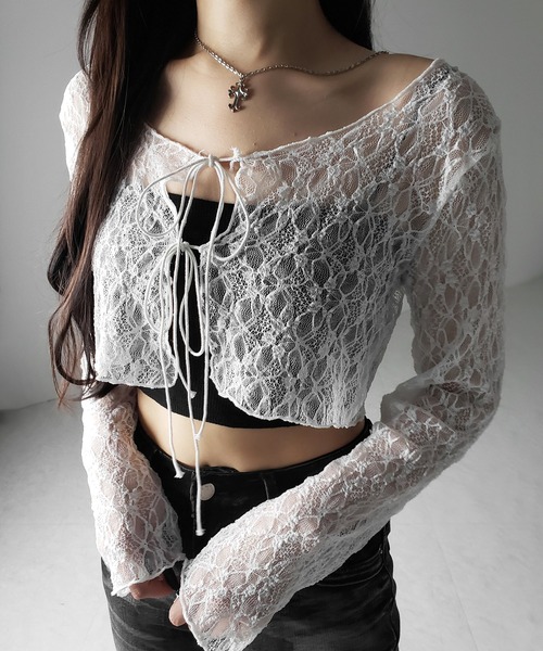 me+em select(ミームセレクト)の「【 2color 】ダブルストラップリボンショートレースカーディガン /double strap ribbon short lace cardigan(カーディガン/ボレロ・レディース・ブラック/ホワイト・FREE)」の18枚目の写真