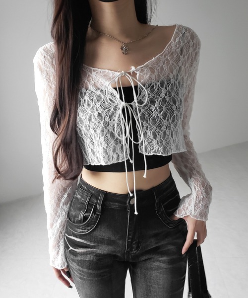 me+em select(ミームセレクト)の「【 2color 】ダブルストラップリボンショートレースカーディガン /double strap ribbon short lace cardigan(カーディガン/ボレロ・レディース・ブラック/ホワイト・FREE)」の19枚目の写真