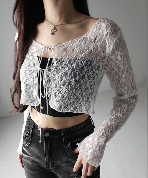 me+em select(ミームセレクト)の「【 2color 】ダブルストラップリボンショートレースカーディガン /double strap ribbon short lace cardigan(カーディガン/ボレロ・レディース・ブラック/ホワイト・FREE)」の20枚目の写真