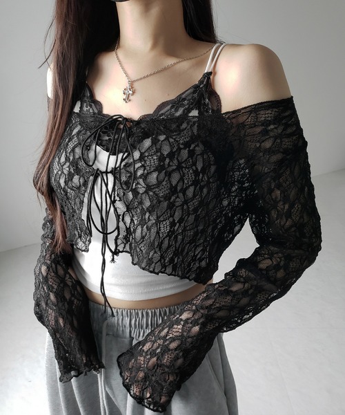me+em select(ミームセレクト)の「【 2color 】ダブルストラップリボンショートレースカーディガン /double strap ribbon short lace cardigan(カーディガン/ボレロ・レディース・ブラック/ホワイト・FREE)」の21枚目の写真