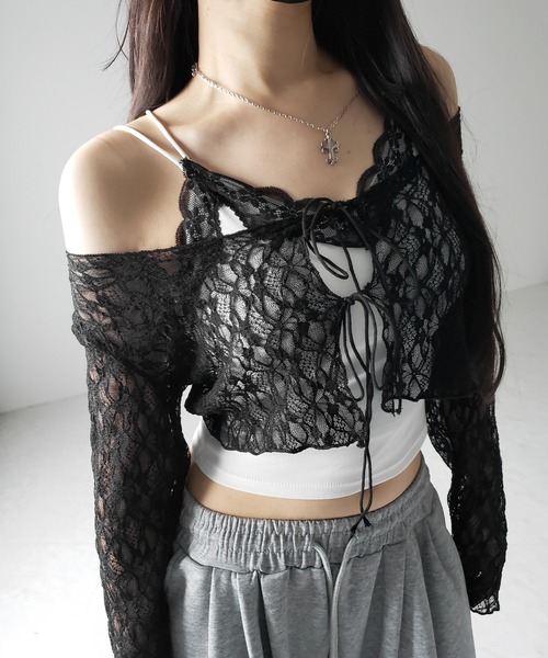 me+em select(ミームセレクト)の「【 2color 】ダブルストラップリボンショートレースカーディガン /double strap ribbon short lace cardigan(カーディガン/ボレロ・レディース・ブラック/ホワイト・FREE)」の22枚目の写真