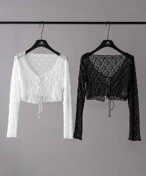 me+em select(ミームセレクト)の「【 2color 】ダブルストラップリボンショートレースカーディガン /double strap ribbon short lace cardigan(カーディガン/ボレロ・レディース・ブラック/ホワイト・FREE)」の4枚目の写真