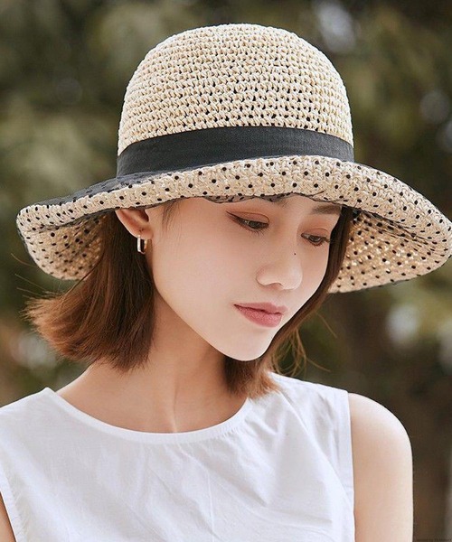 VIBGYOR(ヴィブジョー)の「pur chouchou/チュール ドット柄 リボン 麦わら帽子 P4279(ハット・レディース・ブラウン/ベージュ・FREE)」の1枚目の写真