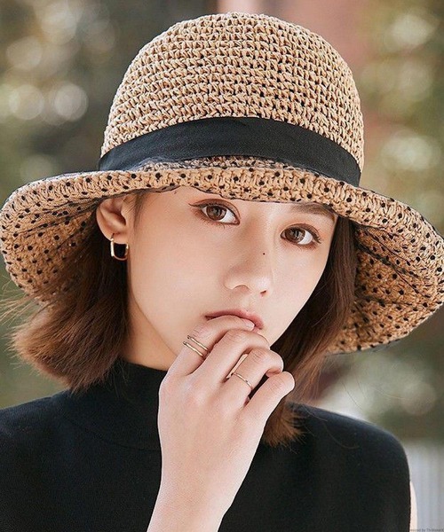 VIBGYOR(ヴィブジョー)の「pur chouchou/チュール ドット柄 リボン 麦わら帽子 P4279(ハット・レディース・ブラウン/ベージュ・FREE)」の2枚目の写真