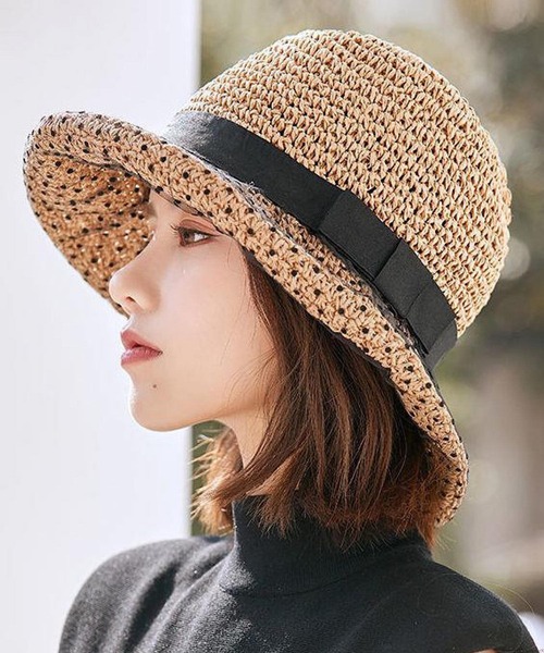 VIBGYOR(ヴィブジョー)の「pur chouchou/チュール ドット柄 リボン 麦わら帽子 P4279(ハット・レディース・ブラウン/ベージュ・FREE)」の3枚目の写真