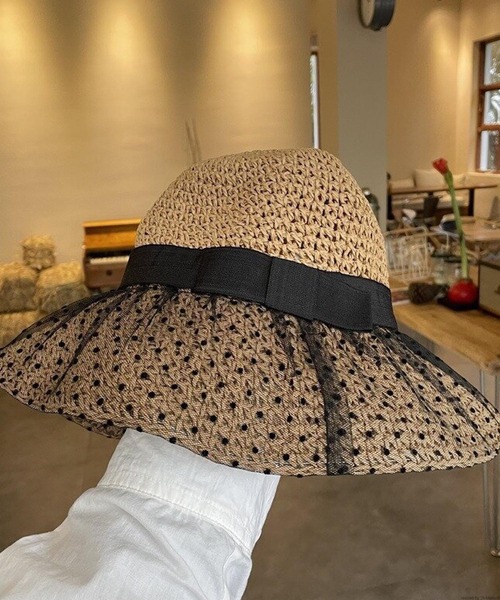 VIBGYOR(ヴィブジョー)の「pur chouchou/チュール ドット柄 リボン 麦わら帽子 P4279(ハット・レディース・ブラウン/ベージュ・FREE)」の4枚目の写真