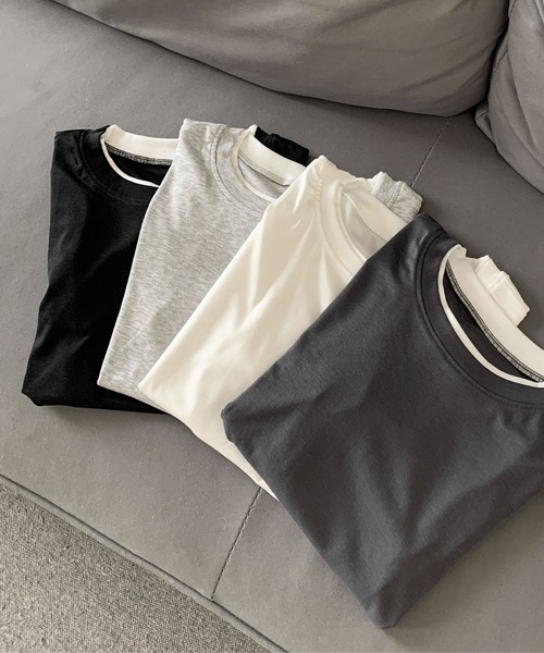 LOWO(ロワ)の「レイヤード風バイカラー無地Tシャツ カットソー(Tシャツ/カットソー・レディース・グレー/ホワイト/チャコールグレー/ブラック・L/M)」の5枚目の写真