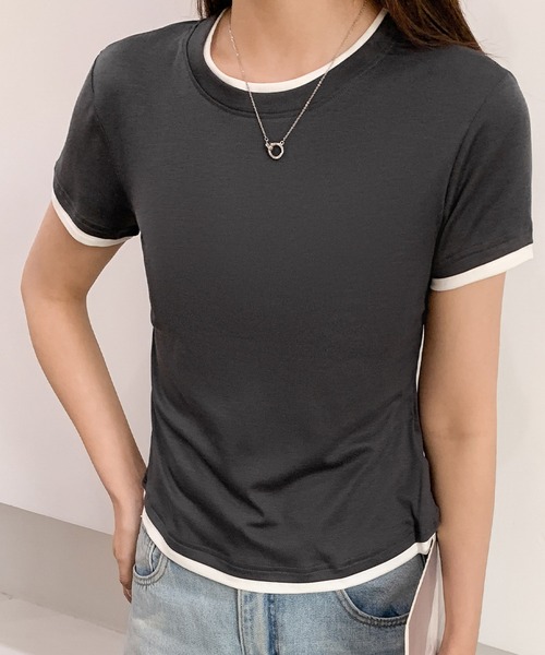 LOWO(ロワ)の「レイヤード風バイカラー無地Tシャツ カットソー(Tシャツ/カットソー・レディース・グレー/ホワイト/チャコールグレー/ブラック・L/M)」の7枚目の写真