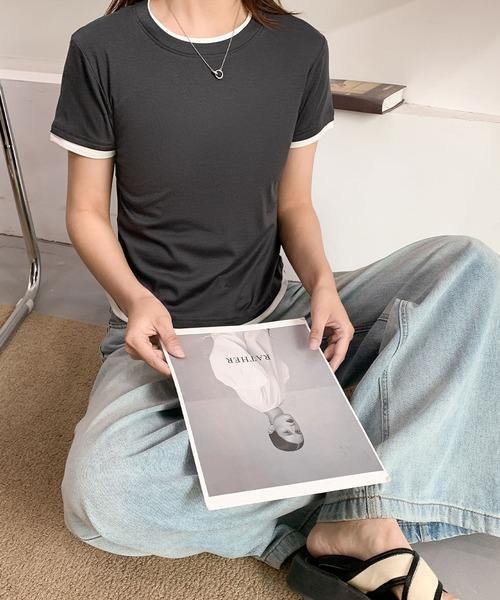 LOWO(ロワ)の「レイヤード風バイカラー無地Tシャツ カットソー(Tシャツ/カットソー・レディース・グレー/ホワイト/チャコールグレー/ブラック・L/M)」の8枚目の写真