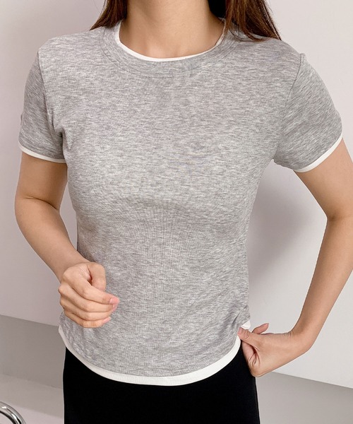 LOWO(ロワ)の「レイヤード風バイカラー無地Tシャツ カットソー(Tシャツ/カットソー・レディース・グレー/ホワイト/チャコールグレー/ブラック・L/M)」の11枚目の写真