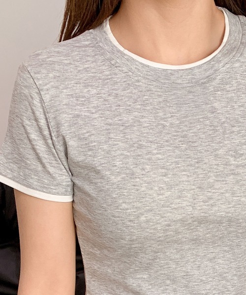 LOWO(ロワ)の「レイヤード風バイカラー無地Tシャツ カットソー(Tシャツ/カットソー・レディース・グレー/ホワイト/チャコールグレー/ブラック・L/M)」の12枚目の写真