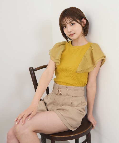 REDYAZEL（レディアゼル）の「シアーフレアスリーブリブカットソー（Tシャツ/カットソー・レディース・ホワイト/ボルドー/イエロー/ブラック・FREE）」の3枚目の写真