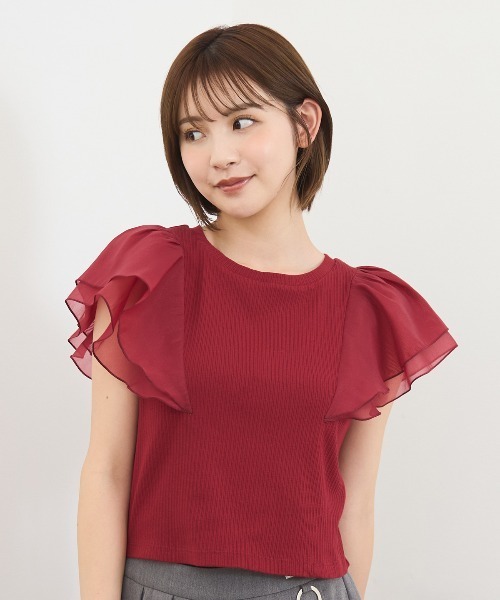リディア セール】シアーフレアスリーブリブカットソー（Tシャツ