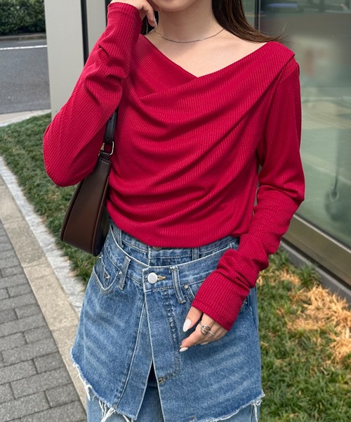 RANAN（ラナン）の「［26SS新色追加］2WAYドレープオフショルリブロンT（Tシャツ/カットソー・レディース・ブラック/その他/チャコールグレー/ホワイト/レッド/アイボリー/ライトピンク・M/L/LL）」の6枚目の写真