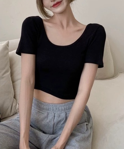ampm(エーエムピーエム)の「背中あきバックオープンリブフィットTシャツ(Tシャツ/カットソー・レディース・ホワイト/ブラック・S/M/L)」の12枚目の写真