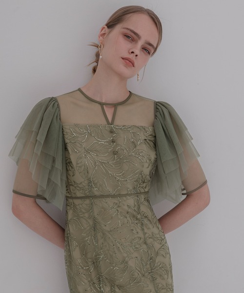 セール】【LEJA】チュールスリーブボタニカルマーメイドワンピース